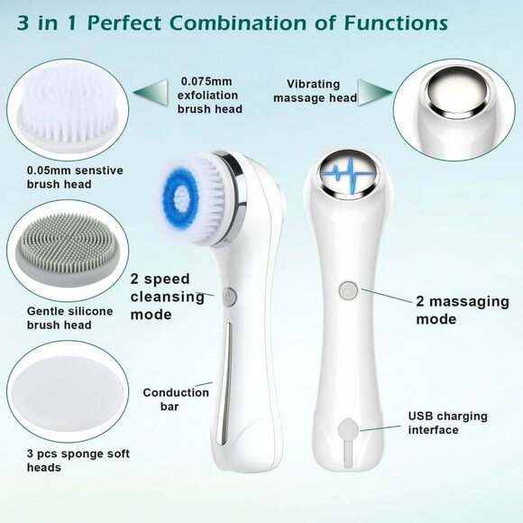 New Electric Facial Cleansing Brush – Dual Speed, Waterproof, Silicone – White - Picture 2 of 5
